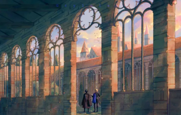 Небо, птицы, замок, мужчины, Fire Emblem, Dimitri Alexandre Blaiddyd, Byleth Eisner