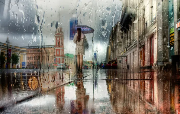 Картинка девушка, город, дом, отражение, улица, здание, Дождь