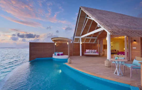 Интерьер, бассейн, курорт, бунгало, Maldives, water villa, Milaidhoo Island