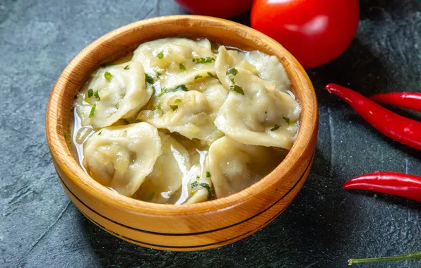 Перец, миска, пельмени