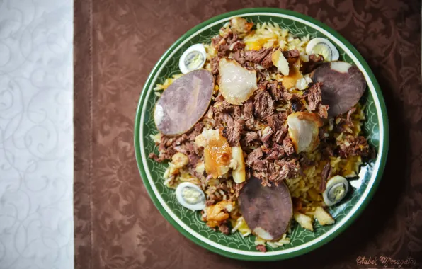 Еда, яйца, минимализм, лук, мясо, рис, морковь, блюдо