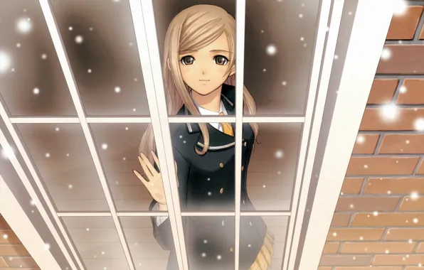 Зима, снег, аниме, окно. девушка