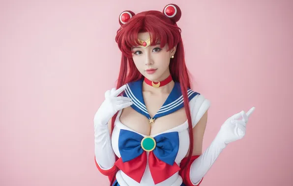 Cleavage, Asian, redhead, cosplay, Sailor Moon, AI art