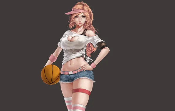 Картинка девушка, фон, шорты, мяч, арт, баскетбольный, oinari risuru