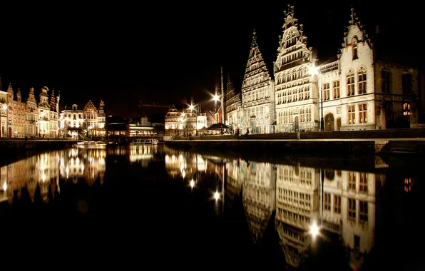 Ночь, огни, отражение, дома, канал, фасад, Belgium, бельгия