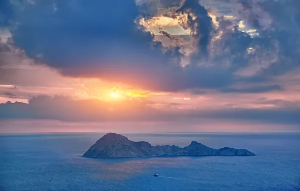 Картинка море, небо, закат, скалы, корабль, Турция, Turkey, Средиземное море
