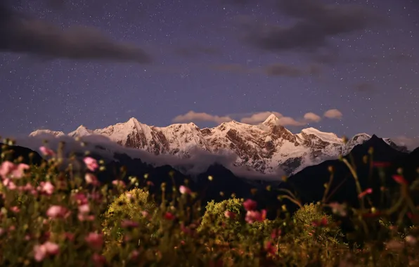 Sky, night, mountains, clouds, snow, Tibet