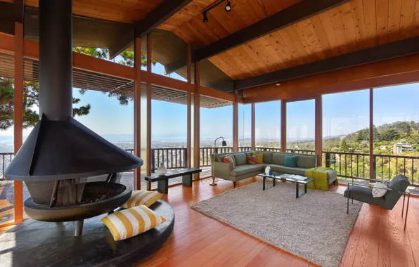 Мебель, вилла, интерьер, печь, Berkeley midcentury, открытая терраса
