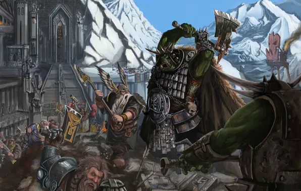 Картинка оружие, гора, ступени, крепость, Fantasy, warhammer, воины, статуи