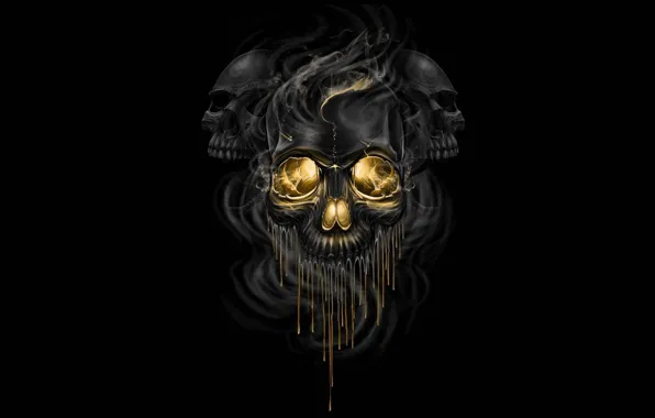 Картинка фантастика, дым, арт, черепа, черный фон, скелеты