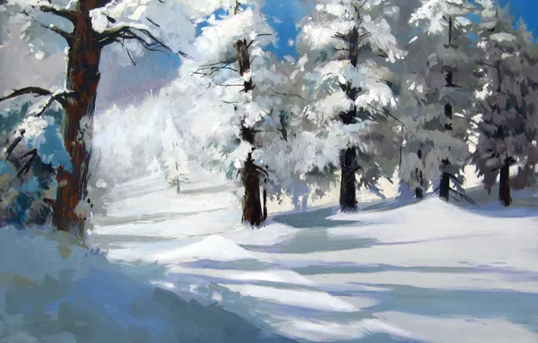 Картинка зима, лес, снег, деревья, арт, сугробы