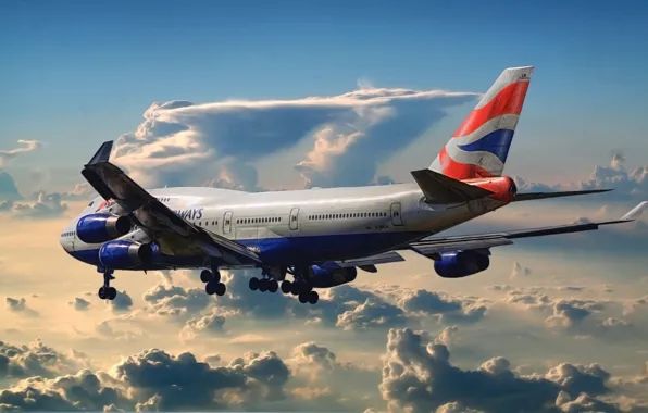 Небо, Облака, Рисунок, Самолет, Аэропорт, Boeing, Боинг, 747
