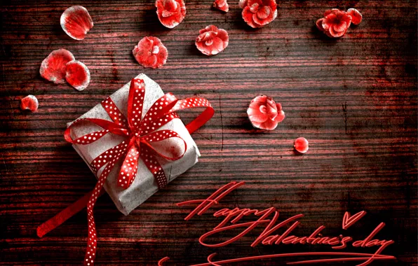 Праздник, подарок, надпись, лепестки, День Святого Валентина
