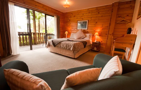 Rustic, interior, bedroom, wooden lodge
