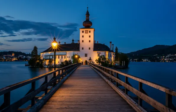 Мост, озеро, замок, вечер, Австрия, фонарь, Austria, Gmunden
