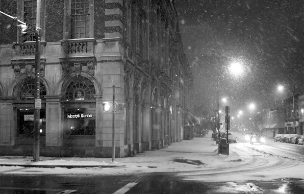 Улица, Ночь, фонарь, City, Snowy, Streets