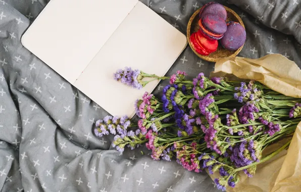 Картинка цветы, покрывало, flowers, пирожные, purple, macaroon, french, macaron