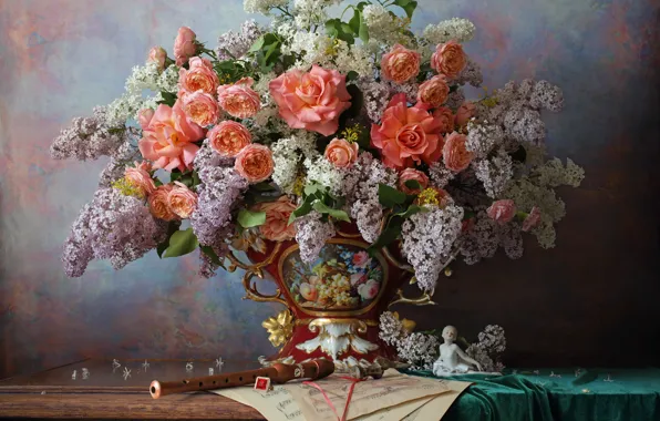 Картинка цветы, стиль, ноты, розы, букет, ваза, статуэтка, натюрморт