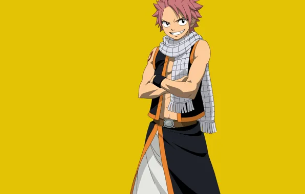 Аниме, арт, парень, Fairy Tail, Нацу, жёлтый фон, Хвост феи