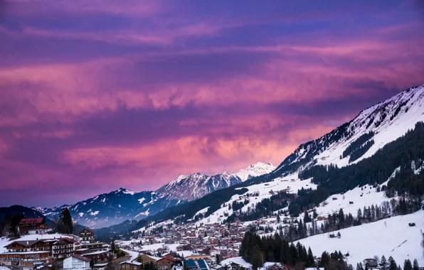 Картинка зима, лес, снег, деревья, горы, Австрия, курорт