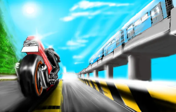 Картинка дорога, движение, метро, рисунок, поезд, скорость, мотоцикл