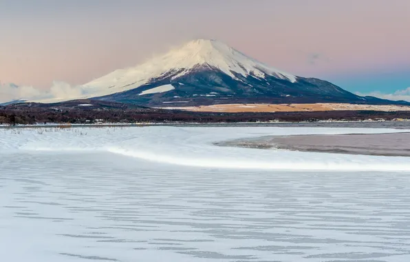 Картинка зима, снег, пейзаж, гора, вулкан, Япония, Fuji