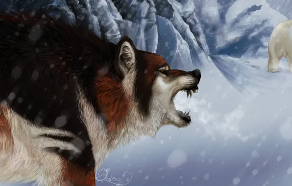 Картинка зима, животные, взгляд, снег, волк, арт, белый медведь