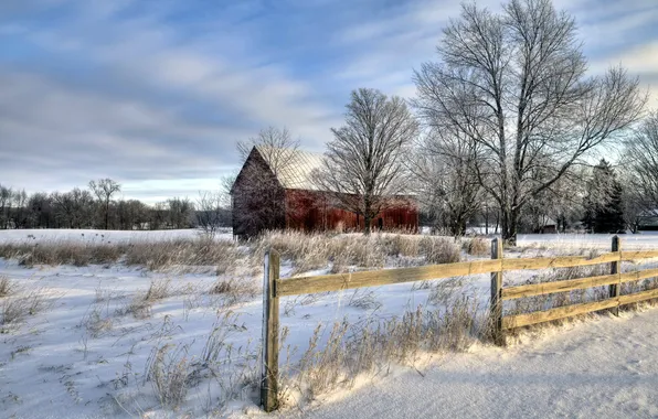Картинка зима, пейзаж, дом, забор