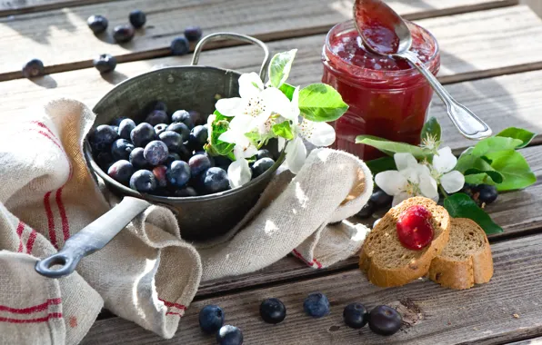 Цветы, веточки, Breakfast with berries and jam, Завтрак с ягодами и Джем