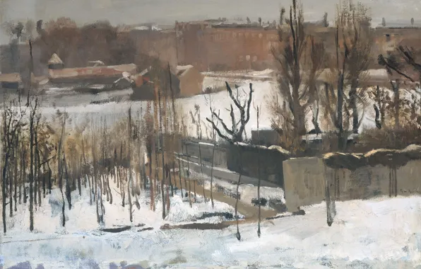 Картинка зима, пейзаж, город, картина, Георг Хендрик Брейтнер, Вид на Восточный Парк в Амстердаме в Снегу