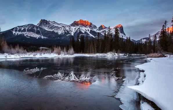 Картинка зима, свет, снег, река, гора, лёд, Канада, Альберта