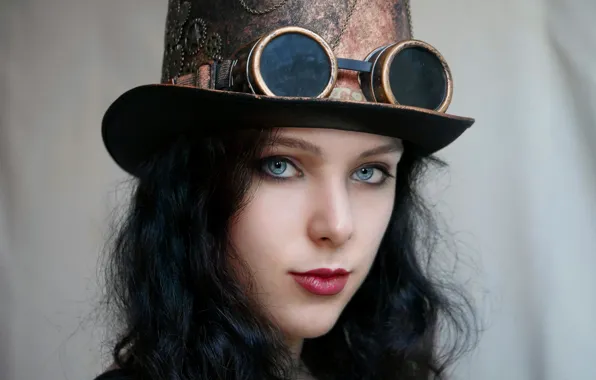 Взгляд, лицо, шляпа, очки, steampunk, Стимпанк