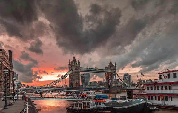Небо, город, река, Тауэрский мост, Tower Bridge, London, England