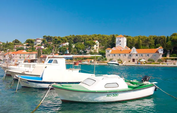 Море, пристань, лодки, Хорватия, остров Шолта, город Маслиница, Šolta, Maslinica