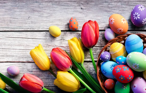 Картинка цветы, праздник, доски, яйца, Пасха, тюльпаны, корзинка, Easter
