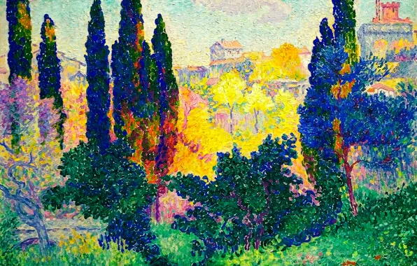Картинка деревья, пейзаж, дома, картина, Cypress Trees at Cagnes, Анри Эдмон Кросс