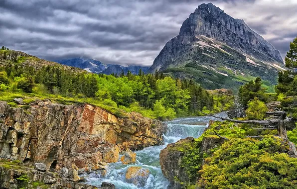 Лес, горы, река, скалы, каскад, Glacier National Park, Swiftcurrent Falls