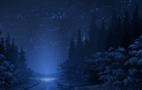 Картинка зима, дорога, лес, небо, звезды, снег, деревья, горы
