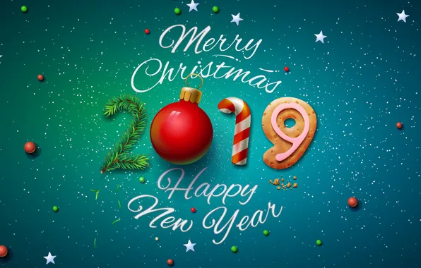 Фон, графика, елка, шар, цифры, Новый год, 2019