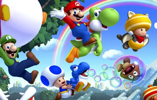 Картинка листья, деревья, грибы, радуга, Марио, Mario, Nintendo, Wii U