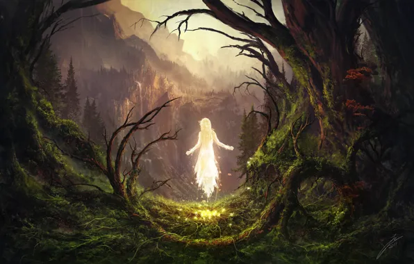 Картинка деревья, горы, существо, The Awakening, The Sleeping Green