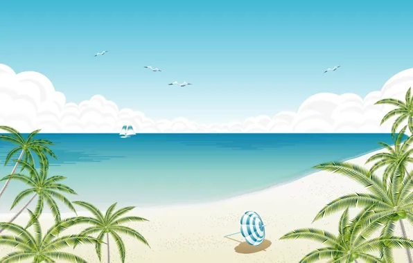 Картинка пляж, пальмы, зонтик, берег, Вектор, яхта