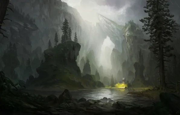 Картинка река, дождь, скалы, арт, нарисованный пейзаж