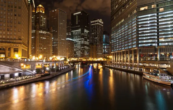 Картинка ночь, огни, небоскребы, Чикаго, USA, США, Америка, Chicago