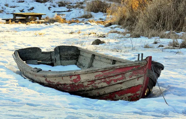 Картинка зима, снег, лодка