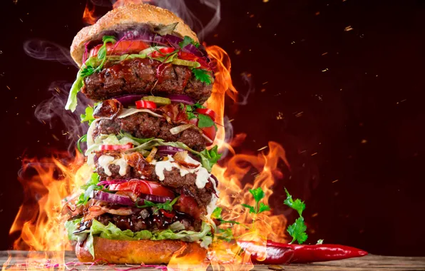 Зелень, фон, огонь, пламя, дым, искры, мясо, овощи