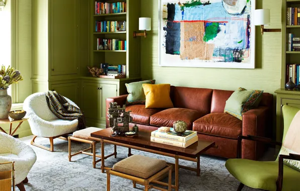 Дизайн, стиль, интерьер, библиотека, гостиная, green living room