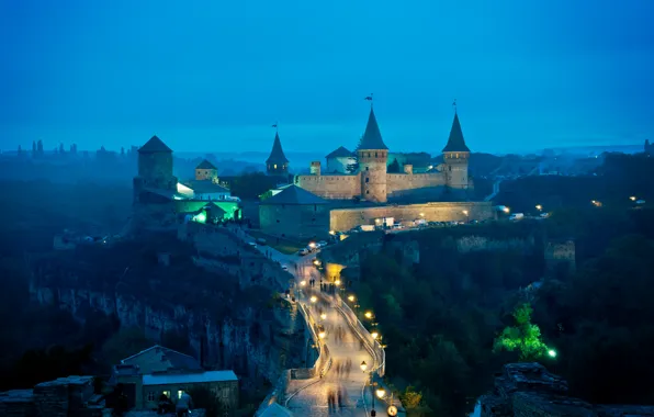 Мост, замок, вечер, фонари, башни, Украина, Каменец-Подольский