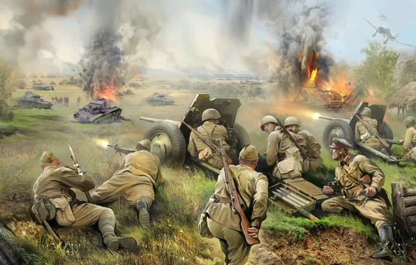 Картинка бой, арт, солдаты, Великая Отечественная война, Красная Армия