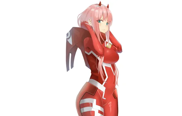Взгляд, девушка, арт, красный костюм, 002, Darling In The Frankxx, Милый во Франксе, Zero Two